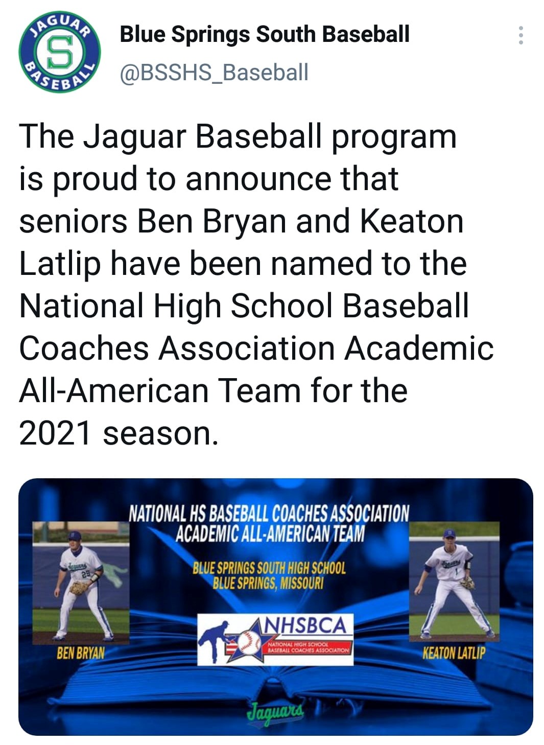 Keaton Latlip National High School Baseball Coaches Association Academic All-American Team
